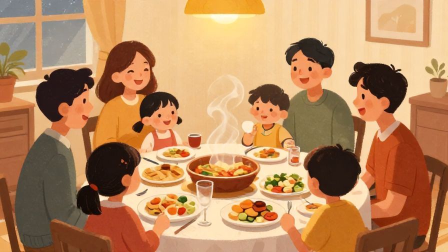 Illustration of a lively family dinner with friends joining, everyone smiling and enjoying food together, warm lighting, illustrated style