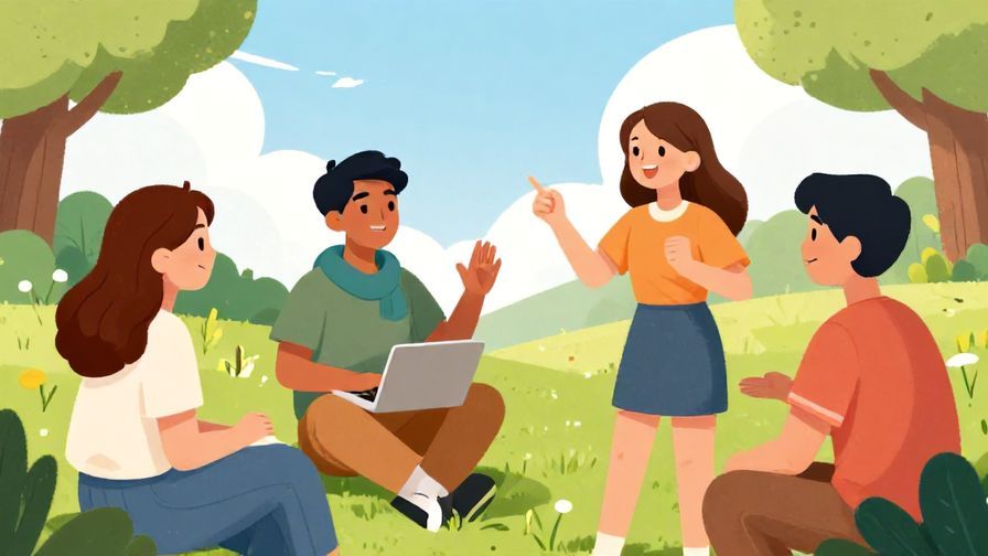 Illustration of a lively group chatting outdoors, one person playfully teasing another who just arrived, sunny day