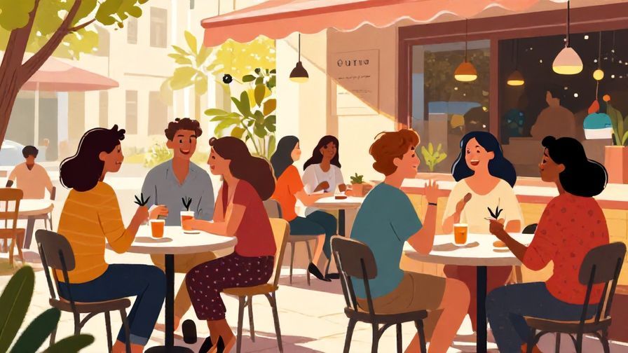 Illustration of a lively outdoor cafe scene with friends chatting and laughing, warm sunlight, vibrant colors, illustrated style