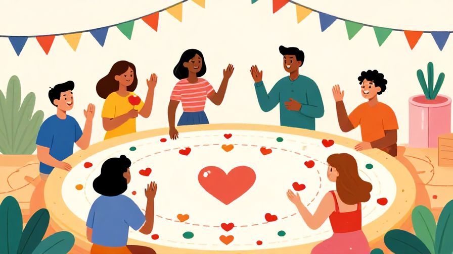 Illustration of a lively party scene with people playfully competing in love-themed games, colorful and fun
