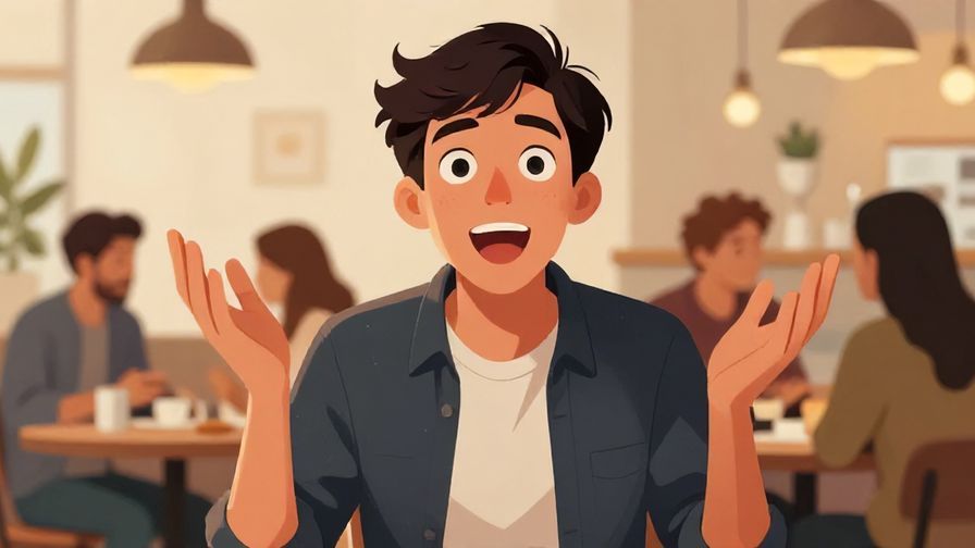 Illustration of a lively person gesturing urgently with bright eyes, busy café background with other people chatting