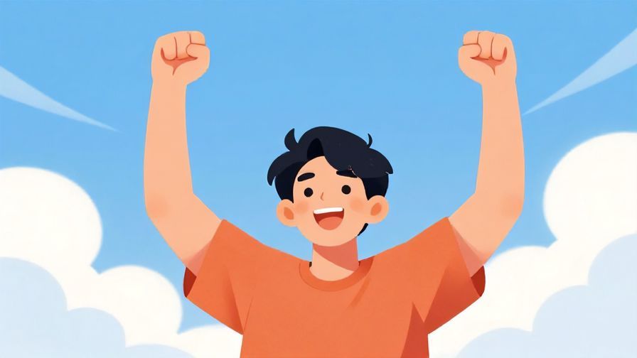 Illustration of a lively person raising their fist in the air with a bright sky background, feeling of triumph and confidence