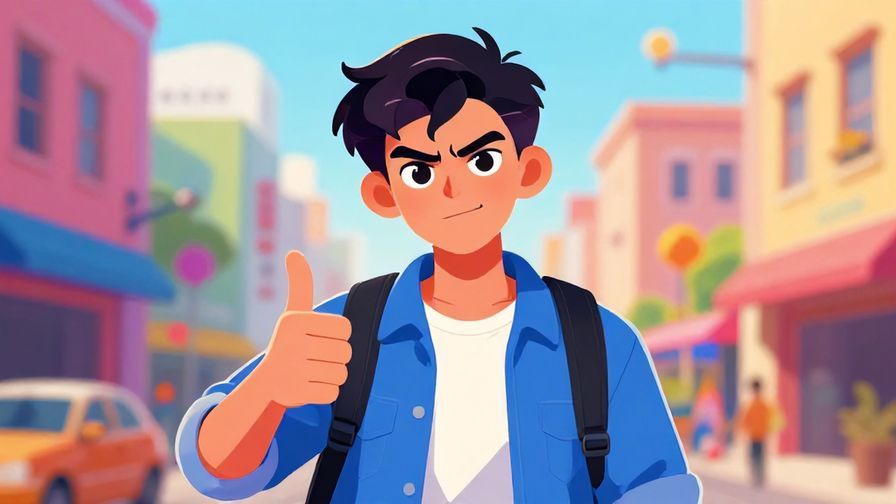 Illustration of a lively teenager with a determined expression giving a thumbs-up, colorful urban background, vibrant colors, illustrated style