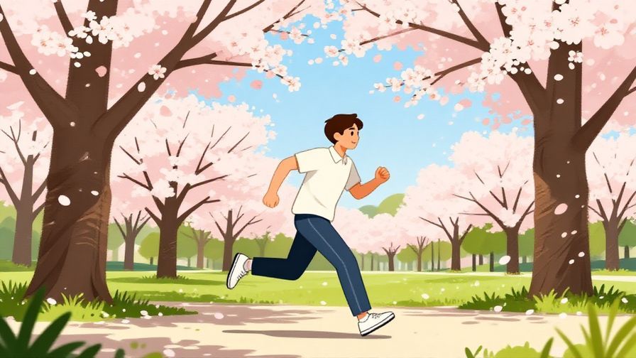 Illustration of a lively young person running through a sunny park, full of energy, with cherry blossoms around
