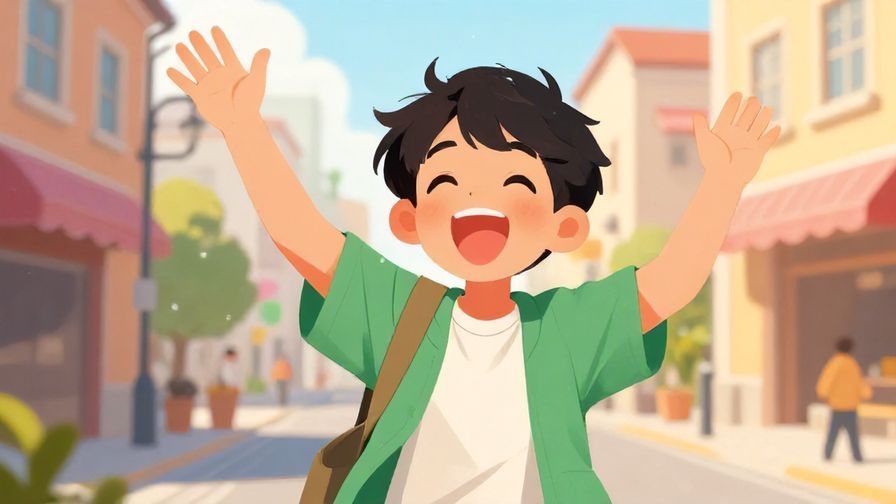 Illustration of a lively young person with a big smile and hand raised as if shouting out a sudden memory, bright street scene