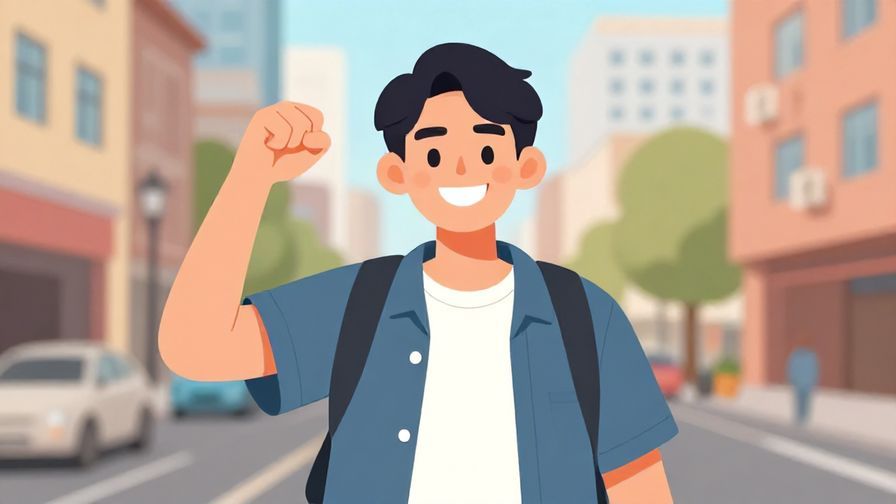 Illustration of a lively young person with a confident grin, making a fist pump with a city street background