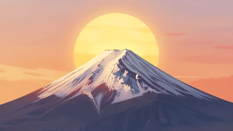 Illustration of a majestic sunrise over Mount Fuji, symbolizing destiny and divine will, bright and inspiring colors