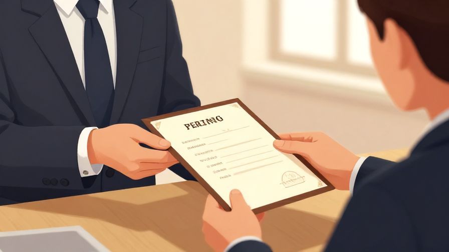 Illustration of a manager handing over a permission slip, formal office setting, warm lighting