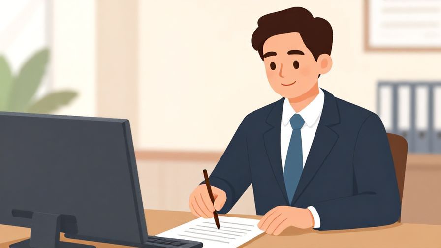 Illustration of a manager stamping a document with a satisfied expression, formal office background