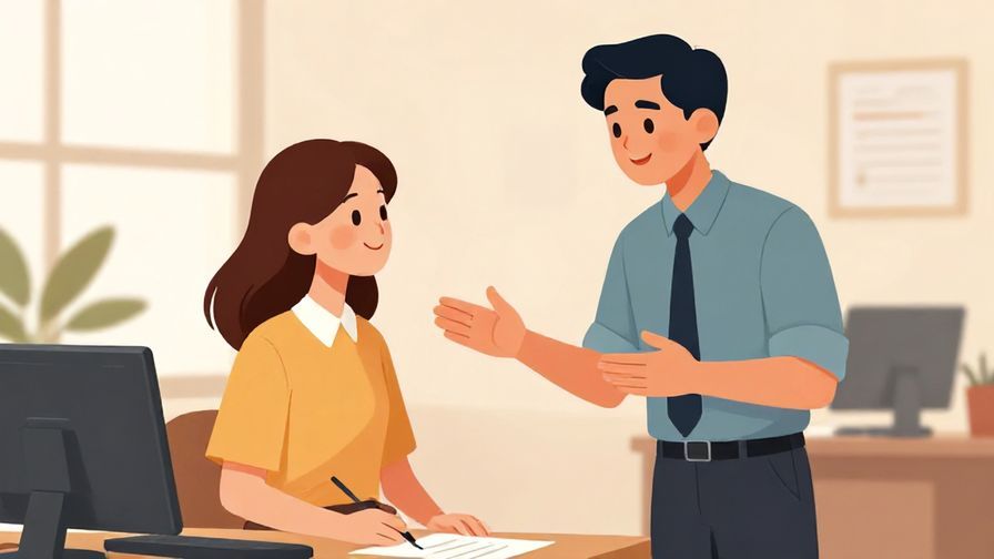 Illustration of a mentor encouraging a young professional to speak politely, office background, warm colors, illustrated style