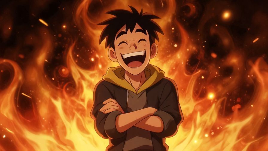 Illustration of a mischievous character laughing with arms crossed confidently, fiery background with sparks