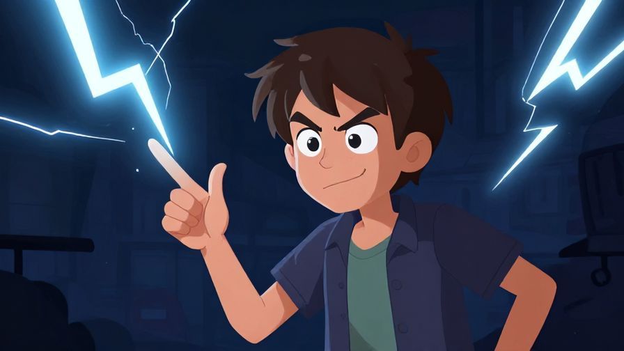 Illustration of a mischievous character pointing with a grin while lightning strikes a background, playful mood