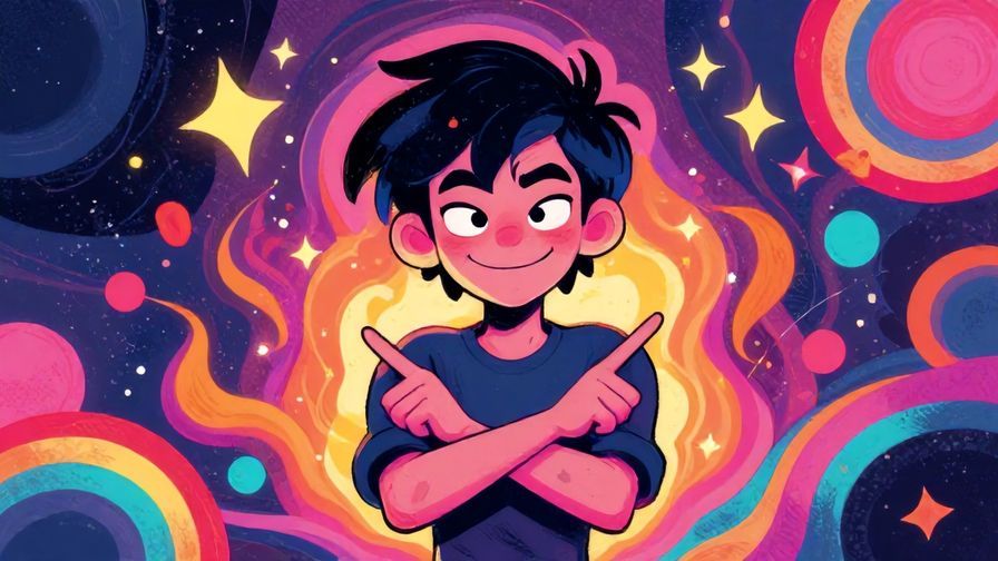 Illustration of a mischievous character smirking with crossed arms, surrounded by stars and swirling abstract shapes, vibrant colors, illustrated style