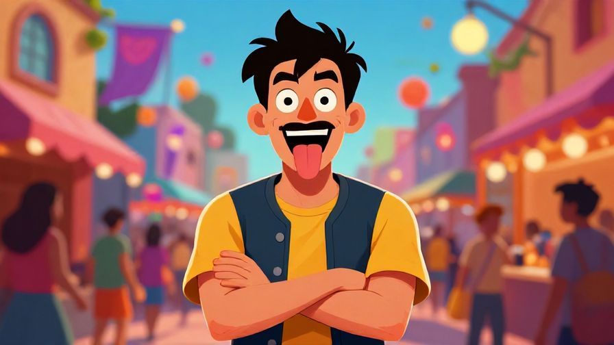 Illustration of a mischievous character sticking out their tongue with arms crossed, vibrant street festival background