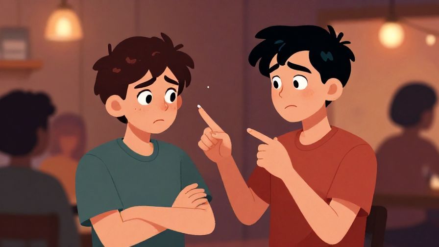 Illustration of a mischievous character teasing a friend who looks annoyed, casual party background