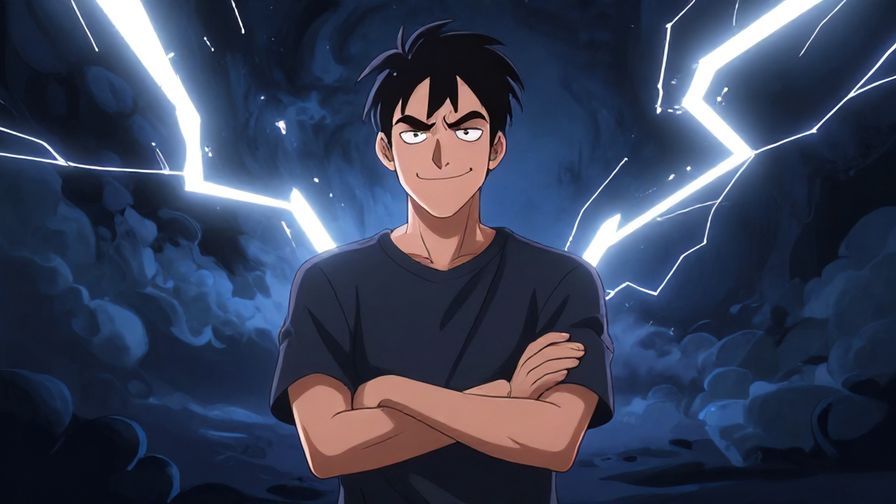 Illustration of a mischievous person smirking with arms crossed, dramatic background with lightning, illustrated style