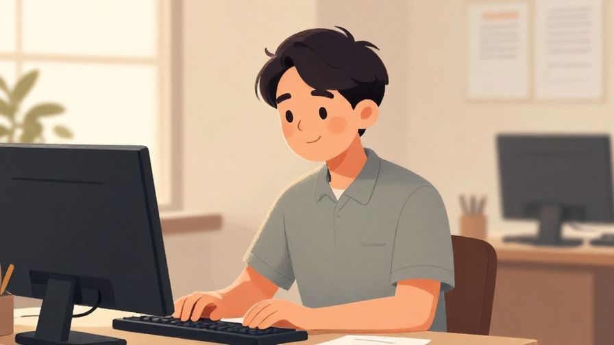Illustration of a modest person with a slight bow and gentle smile in a quiet office, warm colors and soft lighting