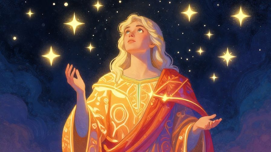 Illustration of a noble person looking up at a sky filled with glowing stars representing fortune, intricate robes glowing softly, vibrant colors, illustrated style