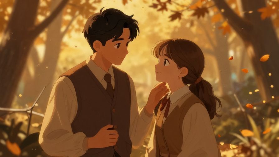 Illustration of a nostalgic scene with a character in vintage clothing gently encouraging a friend with a soft smile, surrounded by autumn leaves and warm light