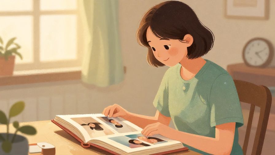 Illustration of a nostalgic scene with a person smiling softly while looking at a photo album, surrounded by soft pastel colors and warm light