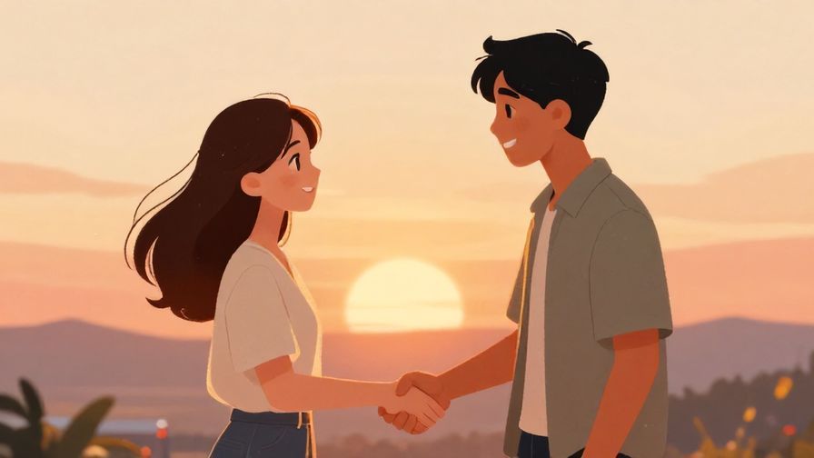 Illustration of a pair of friends shaking hands firmly, smiling with determination, surrounded by a warm sunset glow