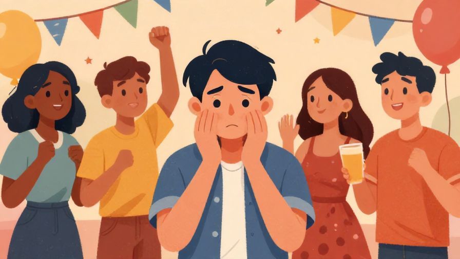 Illustration of a party scene with one character looking disappointed, others looking joyful