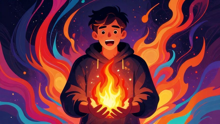 Illustration of a passionate young person holding a glowing flame in their hands, with vibrant swirling colors around