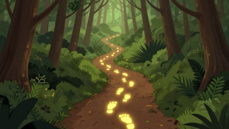 Illustration of a path winding through a forest with glowing footprints leading forward, symbolizing a destined journey