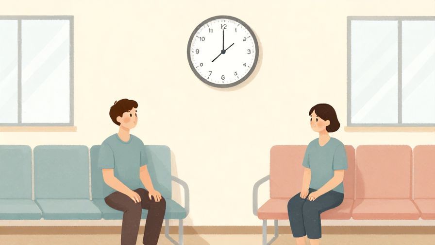 Illustration of a patient-looking person glancing at a clock in a waiting room, soft pastel colors, illustrated style