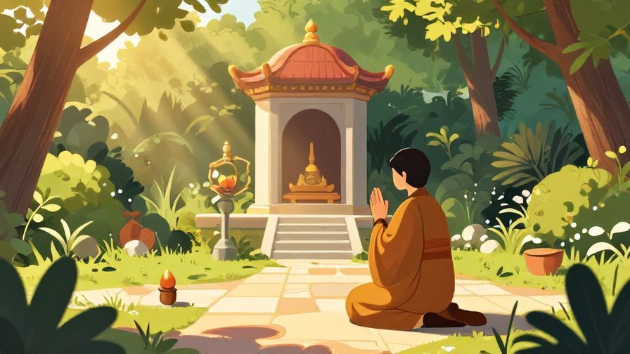 Illustration of a peaceful garden shrine with a person making a respectful prayer in the afternoon sunlight