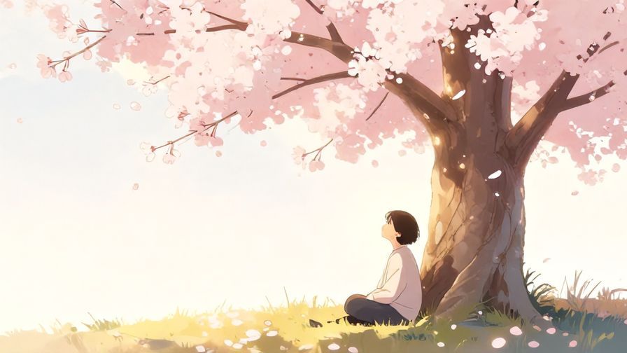 Illustration of a peaceful person sitting under cherry blossoms with glowing light around, serene atmosphere