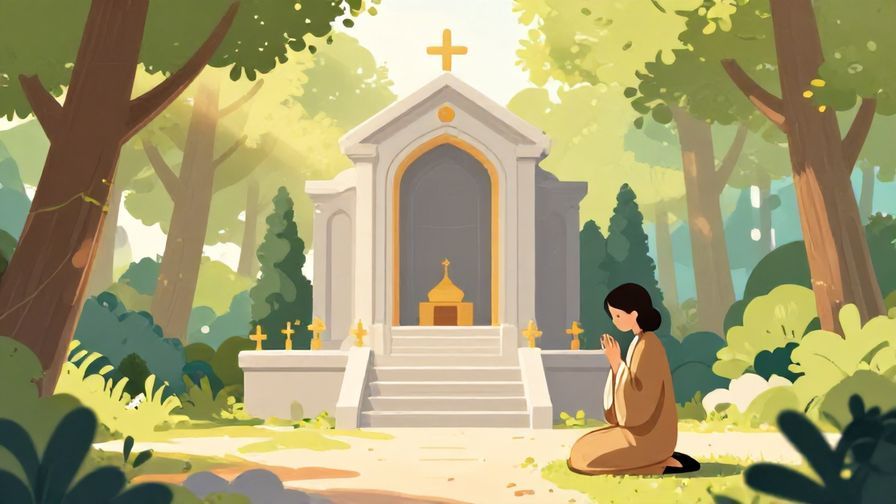 Illustration of a peaceful shrine setting with soft sunlight filtering through trees and a person praying quietly
