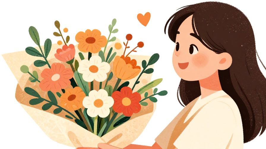 Illustration of a person admiring a beautiful flower bouquet with a bright smile
