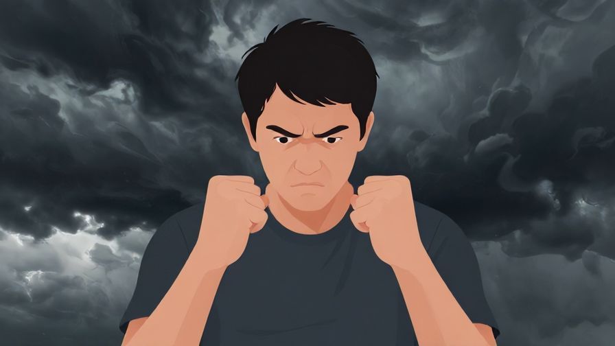 Illustration of a person angrily clenching fists with a stormy, dramatic background