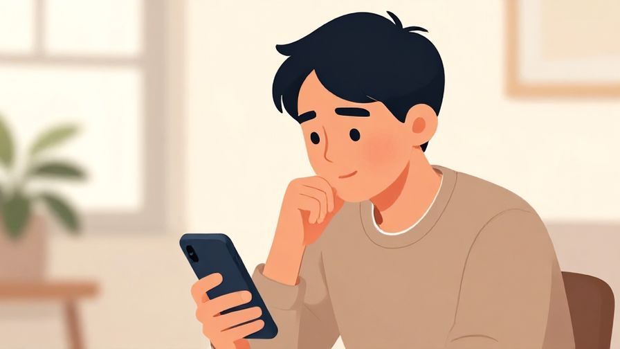 Illustration of a person answering a missed call on their smartphone, with a thoughtful expression, indoors with soft lighting