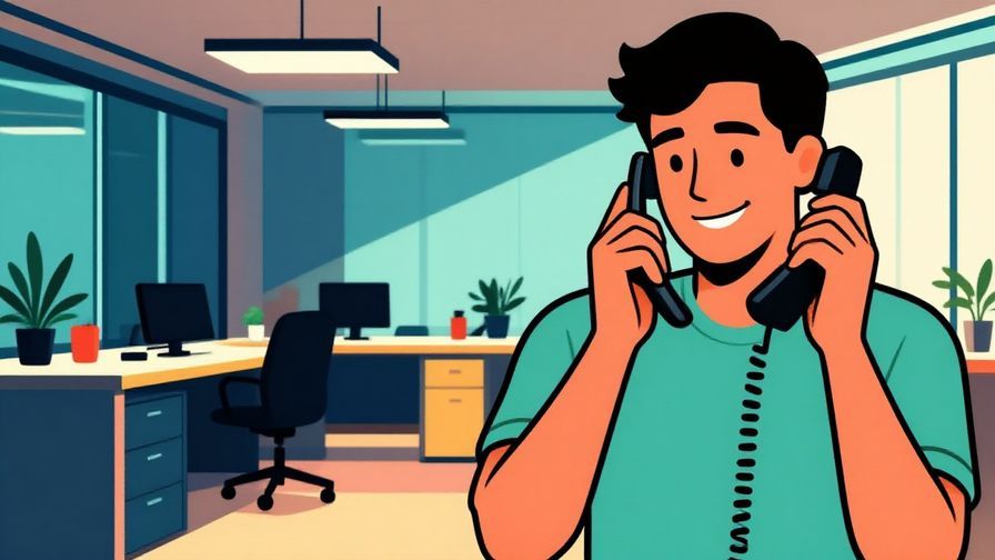 Illustration of a person answering a ringing phone with a confident smile, modern office background, vibrant colors, illustrated style