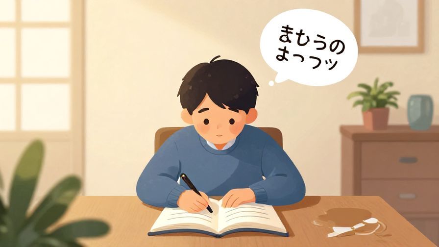Illustration of a person at a desk with an open textbook and a thought bubble filled with Japanese characters, surrounded by a cozy room with plants and soft lighting