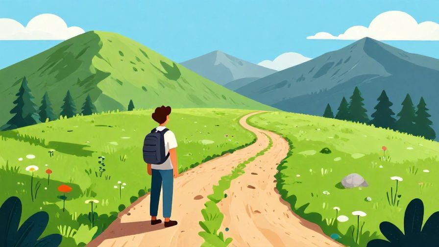 Illustration of a person at a forked mountain path, looking confident and ready to choose the right way, vibrant colors, illustrated style