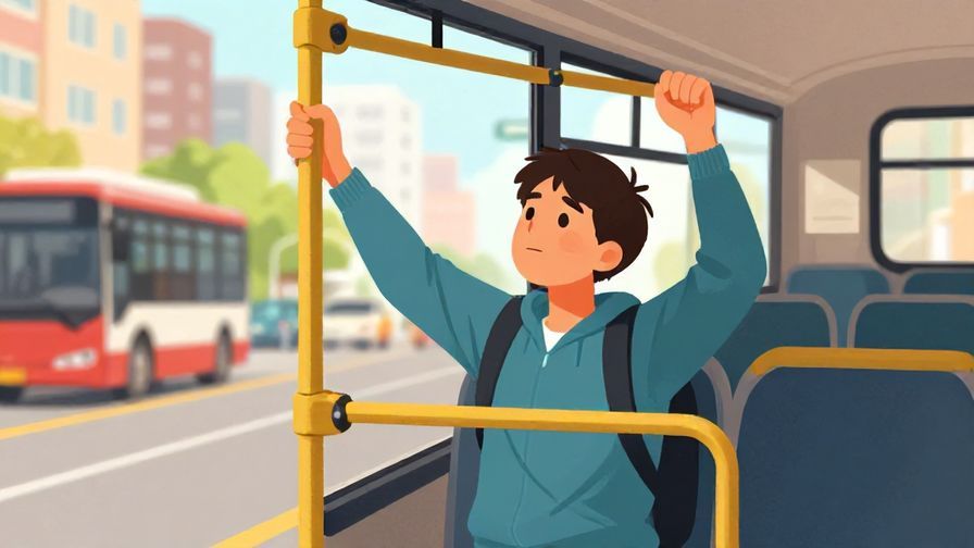 Illustration of a person barely catching a bus with a relieved expression, city street background with bright colors