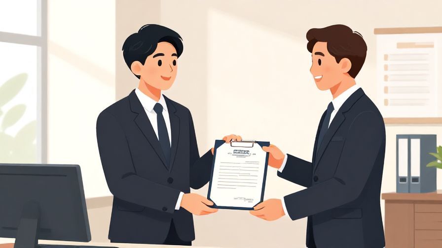 Illustration of a person being formally handed a position document in an office with respectful smiles