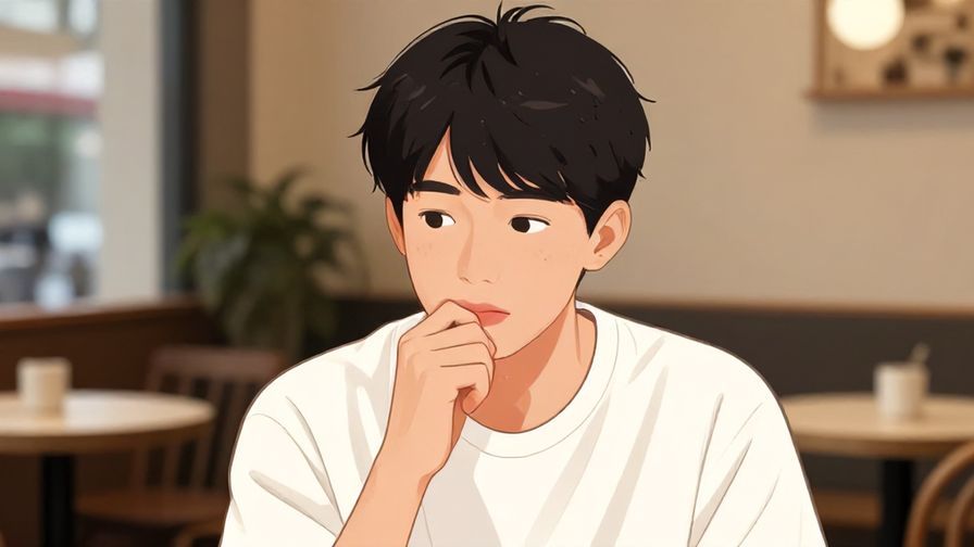 Illustration of a person biting their lip thoughtfully, casual café background