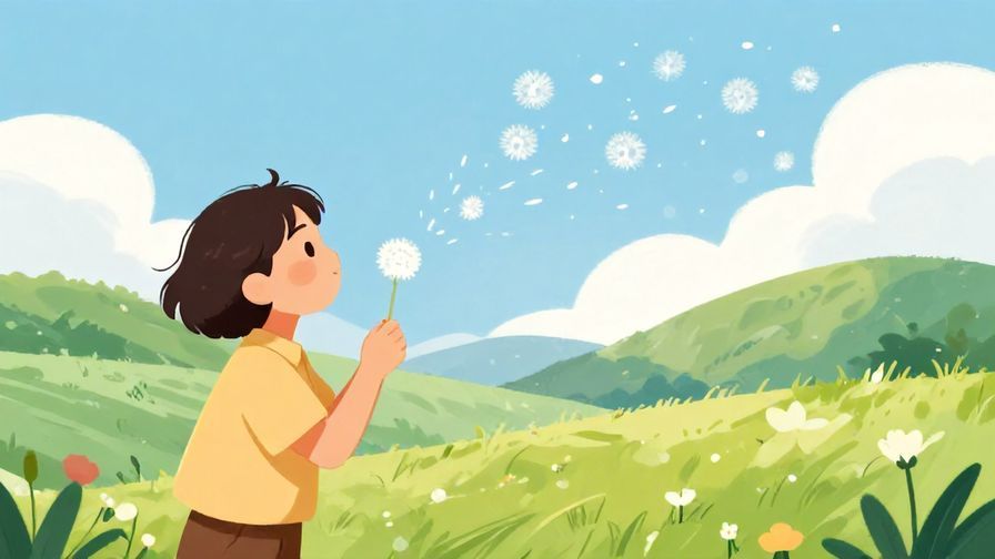 Illustration of a person blowing dandelion seeds into the wind, hopeful and gentle spring scene