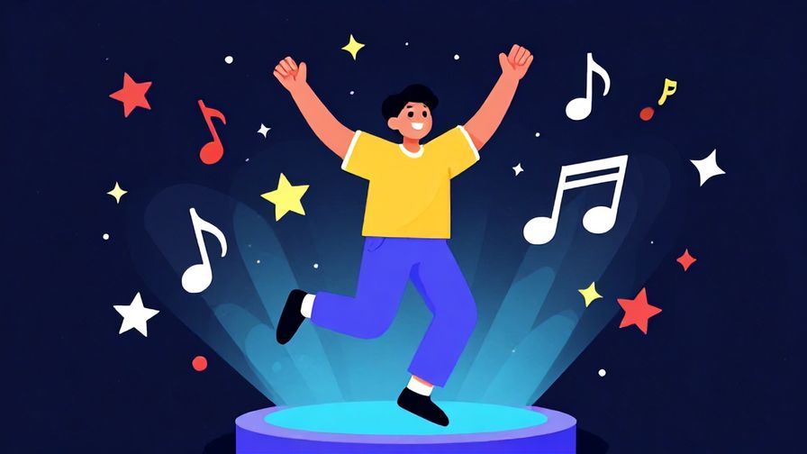 Illustration of a person bouncing lightly with a bright smile, surrounded by floating musical notes and stars, colorful and lively