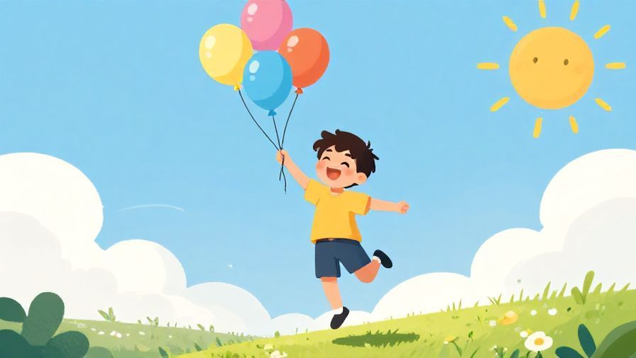 Illustration of a person bouncing lightly with a joyful expression, colorful balloons and sunshine
