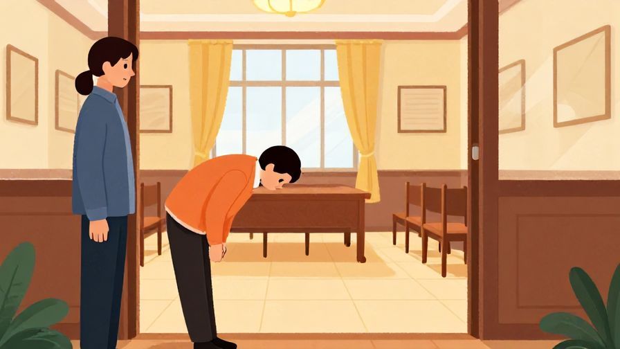 Illustration of a person bowing at the entrance of a meeting room, ready to leave, with polite expression, warm indoor lighting, detailed background, vibrant colors, illustrated style