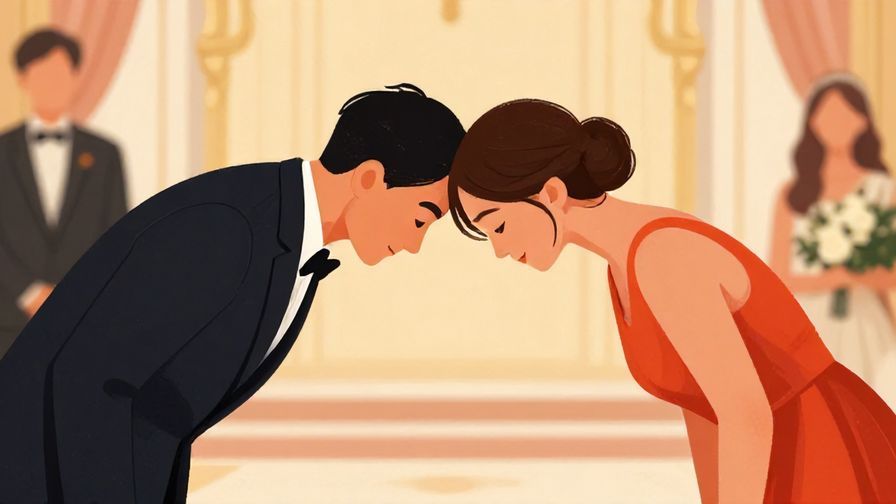 Illustration of a person bowing deeply before leaving a formal event, respectful facial expression, elegant indoor setting, warm lighting, vibrant colors, illustrated style