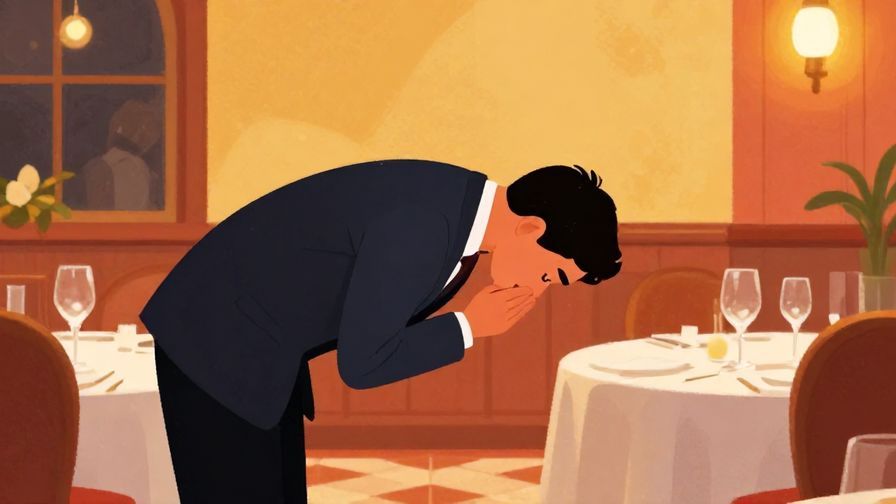 Illustration of a person bowing deeply in a formal restaurant setting, warm lighting, elegant interior, vibrant colors, illustrated style