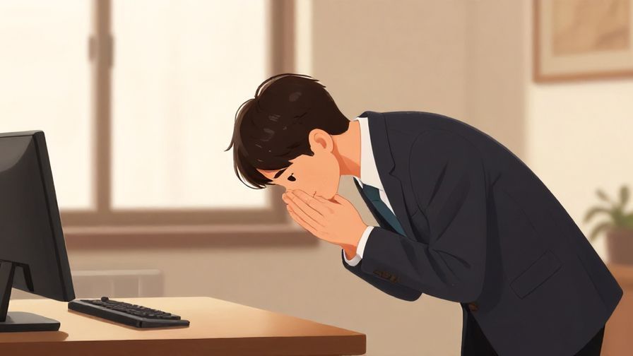 Illustration of a person bowing deeply in a formal office setting, with respectful expressions, warm lighting
