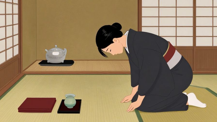 Illustration of a person bowing deeply in a traditional Japanese room, respectful atmosphere