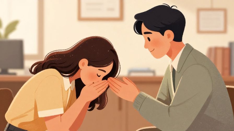 Illustration of a person bowing deeply in gratitude to a mentor figure, warm office background